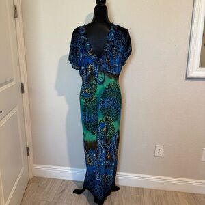 Blue & Green Paisley Maxi Silk Blend Dress 3XL